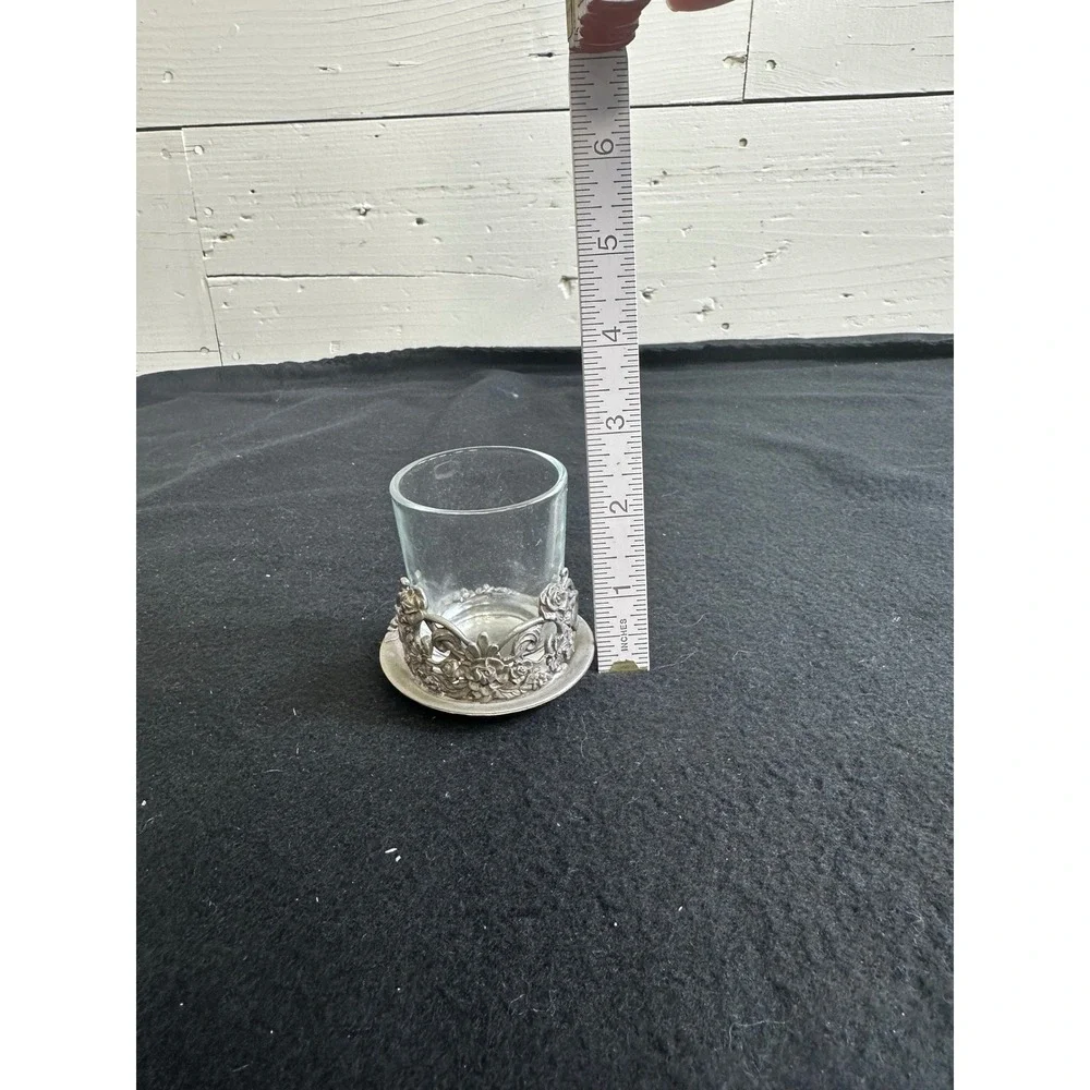 Rawcliffe Pewter 1995 Floral Rose Votive Candle Holder with Glass & Snuffer Set